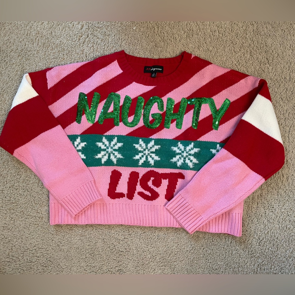 Cropped Pink and Red Naughty List Ugly Christmas Holiday Party Sweater - Sz L